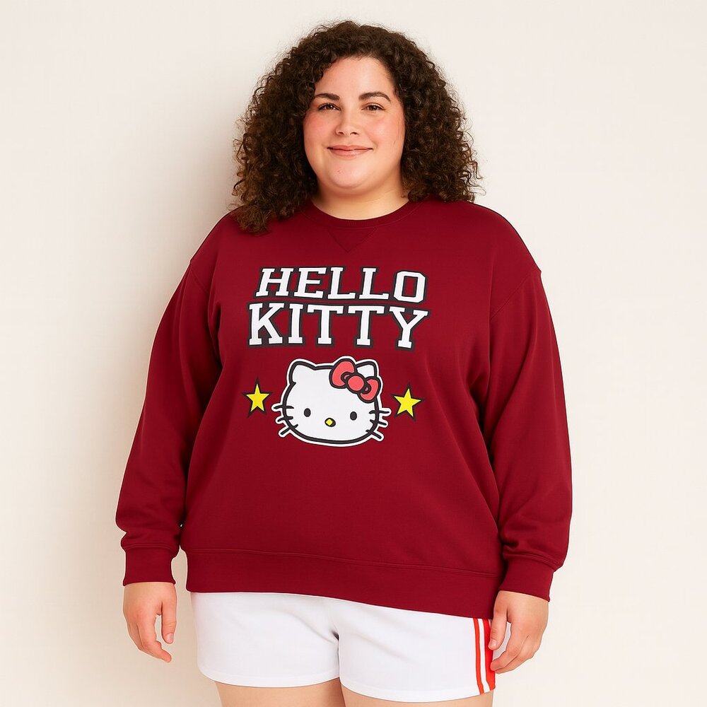 Sanrio Hello Kitty Dark Red Crewneck Sweatshirt Graphic Pullover Top SZ XXL